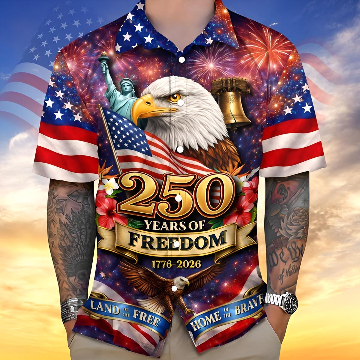 250 Years of Freedom 1776 2026 American Eagle Patriotic Hawaiian Shirt USA Flag Button Up