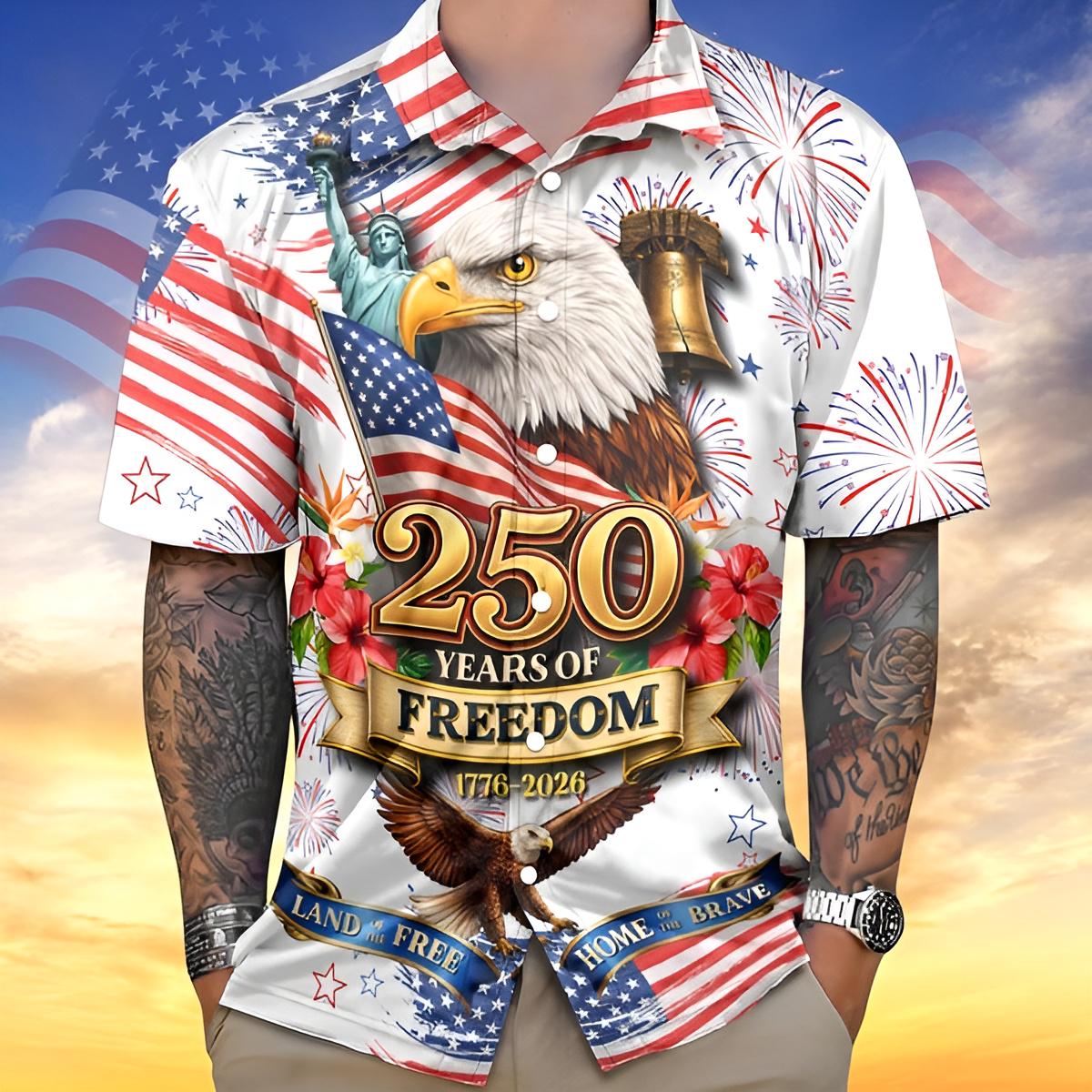 250 Years of Freedom Patriotic Hawaiian Shirt American Eagle 1776 2026 Button Up