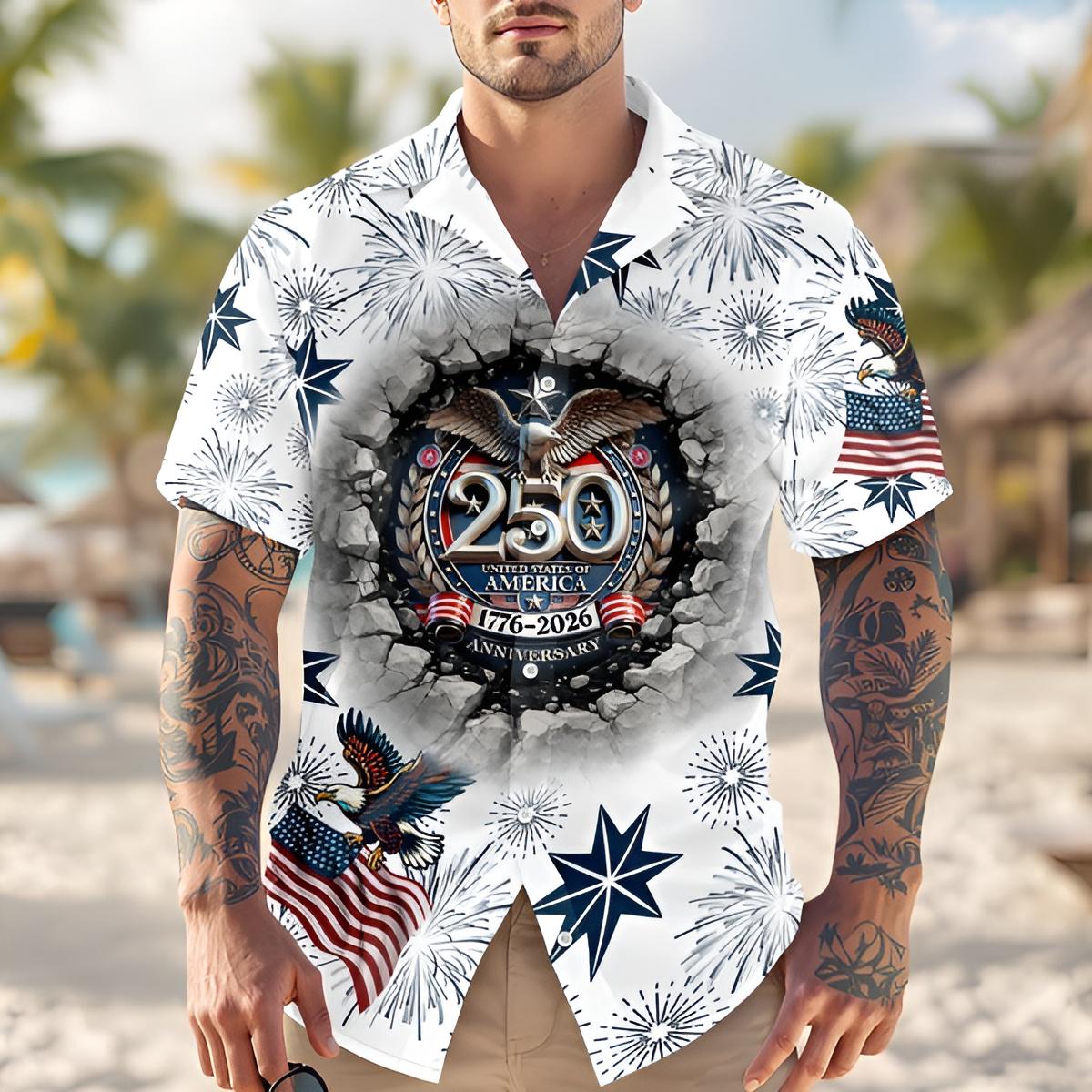 America 250 Patriotic Hawaiian Shirt 1776 2026 American Eagle USA Flag Button Up