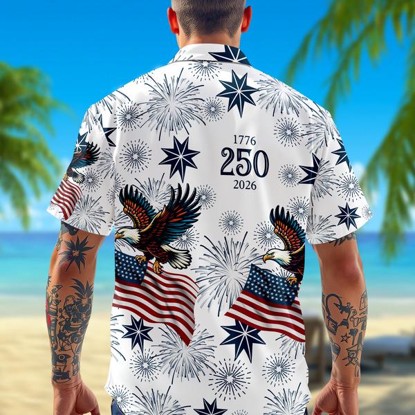 Alternative view of America 250 Patriotic Hawaiian Shirt 1776 2026 American Eagle USA Flag Button Up