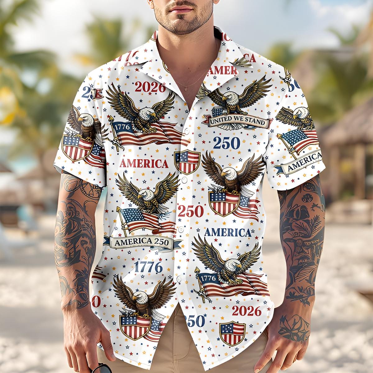 America 250 Patriotic Hawaiian Shirt American Eagle USA Flag 1776 2026 Button Up