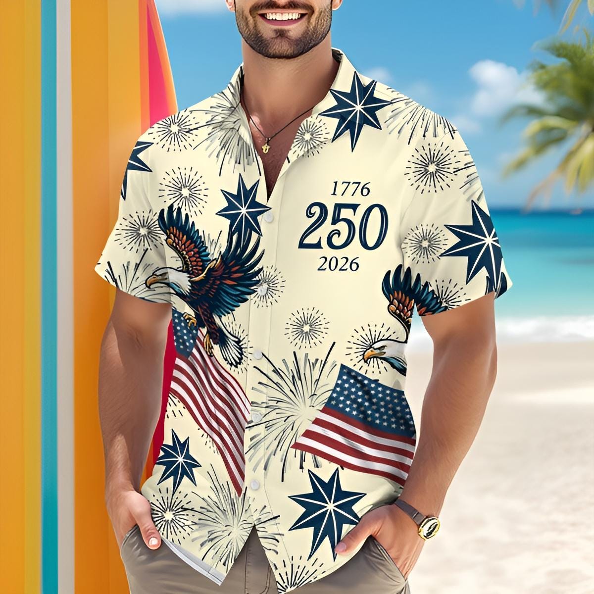 America 250 Patriotic Hawaiian Shirt American Eagle USA Flag 1776 2026 Button Up