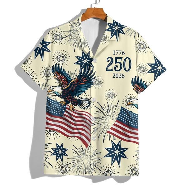 Alternative view of America 250 Patriotic Hawaiian Shirt American Eagle USA Flag 1776 2026 Button Up