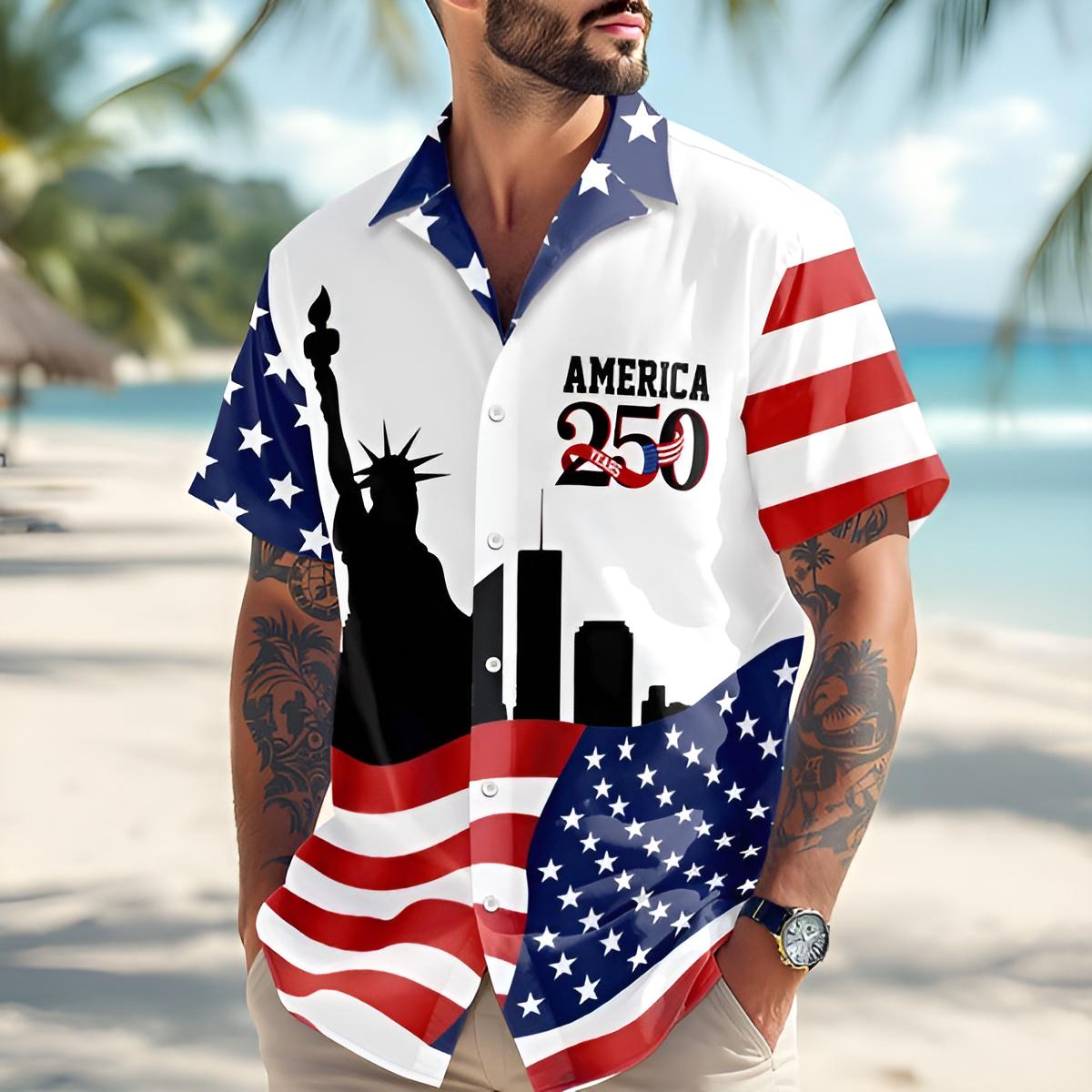 America 250 Patriotic Hawaiian Shirt Statue of Liberty USA Flag Button Up