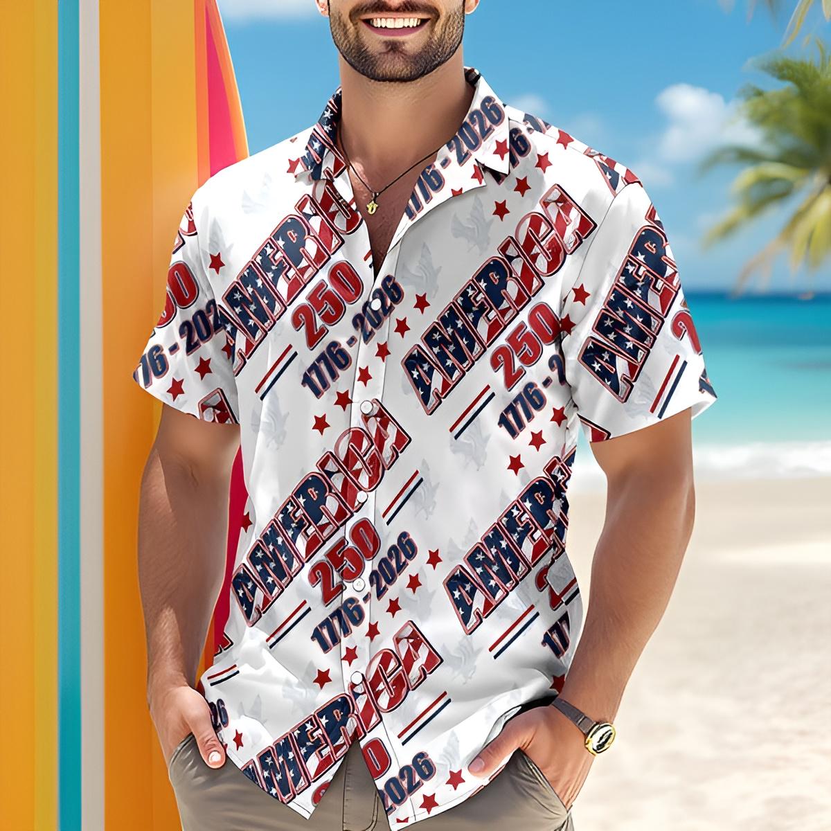 America 250 Patriotic Hawaiian Shirt USA 1776 2026 Independence Button Up