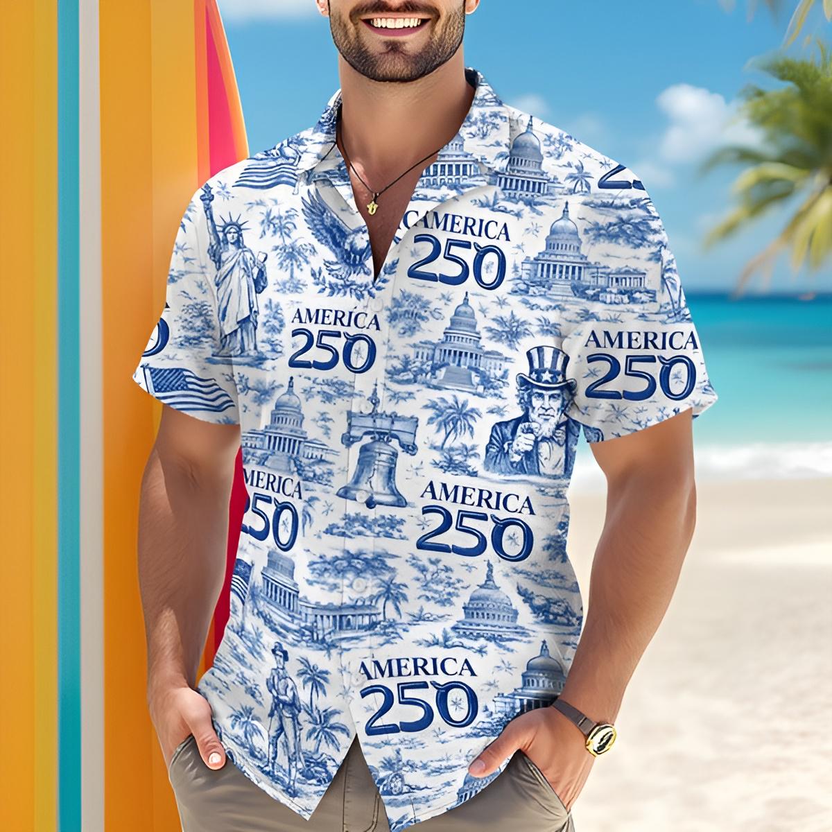 America 250 Patriotic Hawaiian Shirt USA Landmark Vintage Button Up