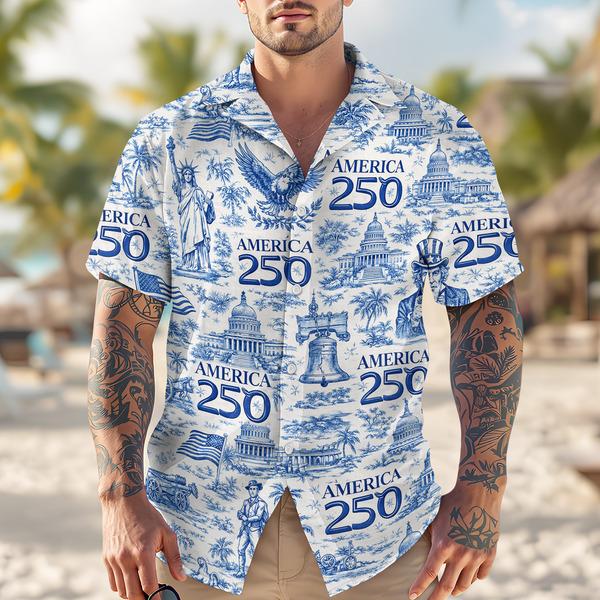 Alternative view of America 250 Patriotic Hawaiian Shirt USA Landmark Vintage Button Up