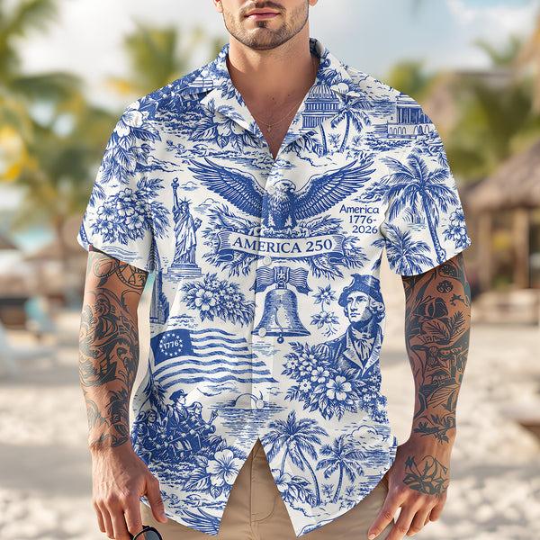 Alternative view of America 250 Patriotic Hawaiian Shirt Vintage USA 1776 2026 American Eagle Button Up