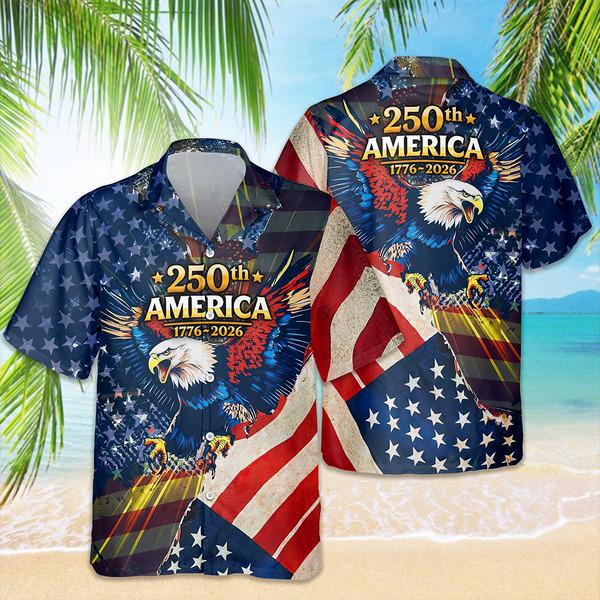 Alternative view of American Eagle Patriotic Hawaiian Shirt America 250 1776 2026 USA Flag Button Up