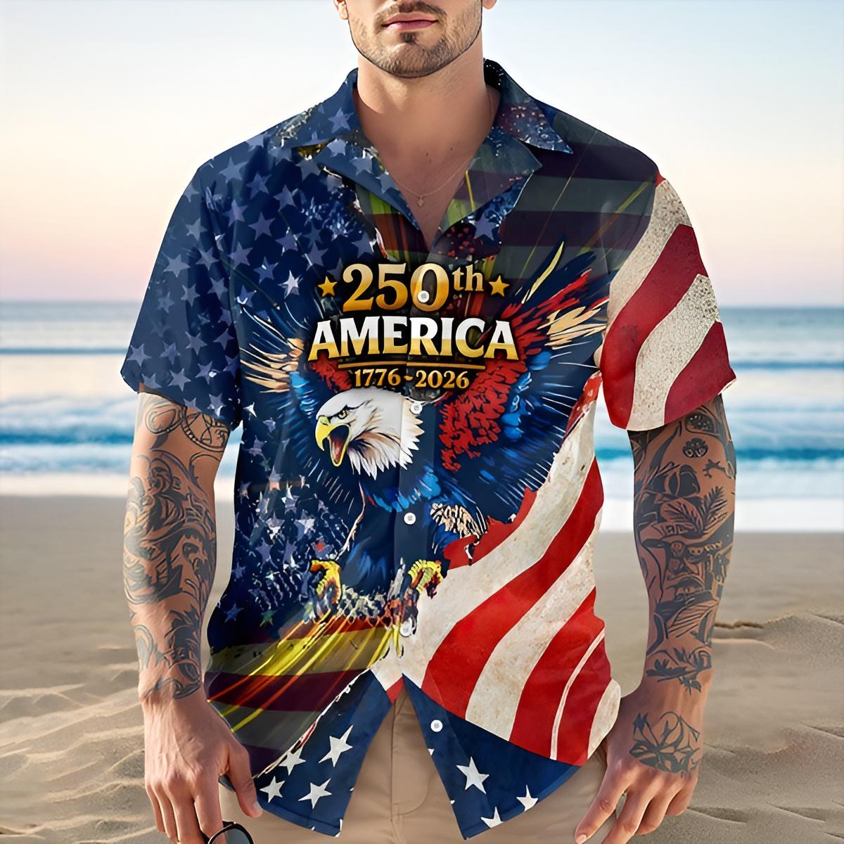 American Eagle Patriotic Hawaiian Shirt America 250 1776 2026 USA Flag Button Up
