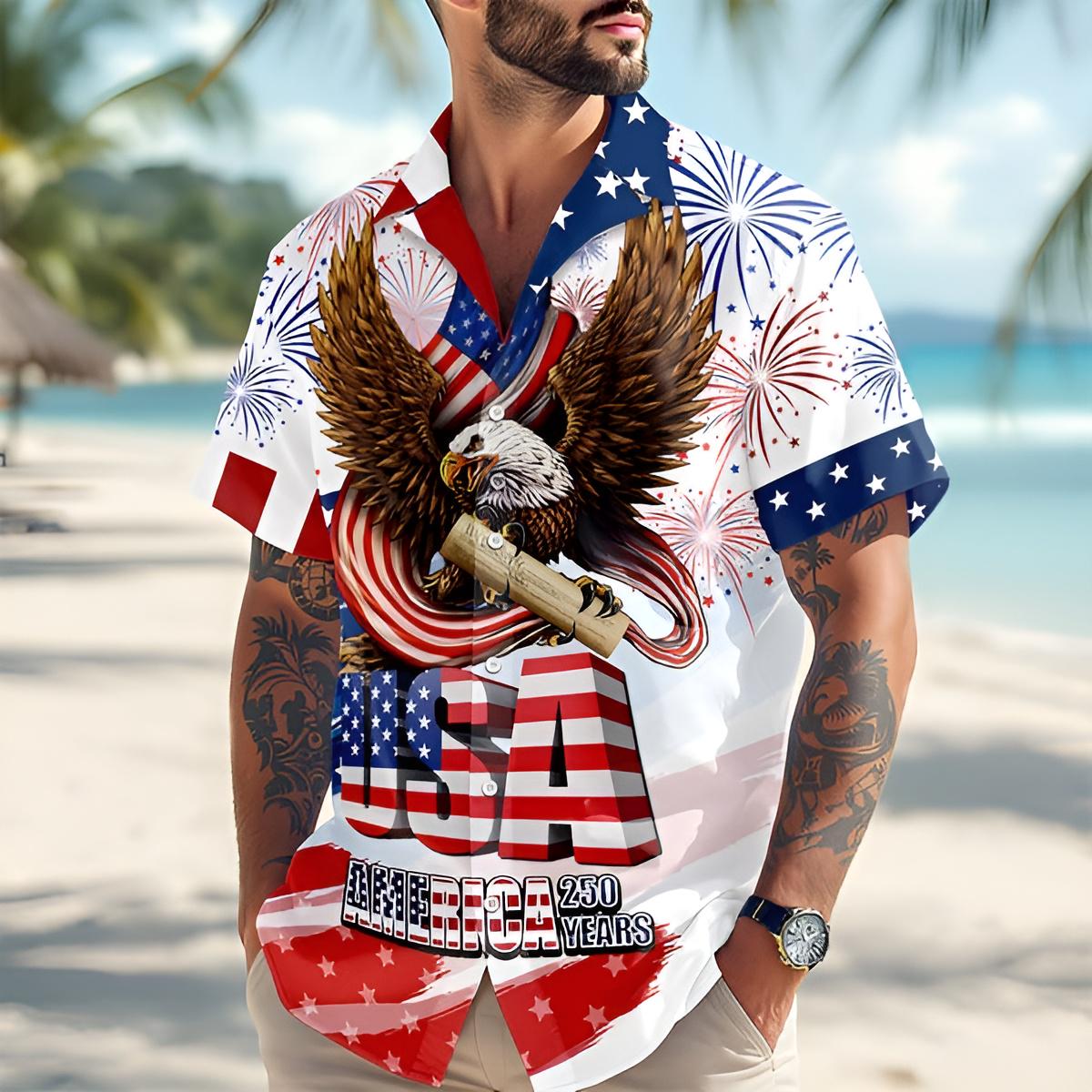 American Eagle Patriotic Hawaiian Shirt USA Flag Fireworks America 250 Years Button Up
