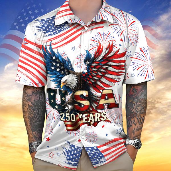 Alternative view of American Eagle Patriotic Hawaiian Shirt USA Flag Fireworks USA 250 Years Button Up