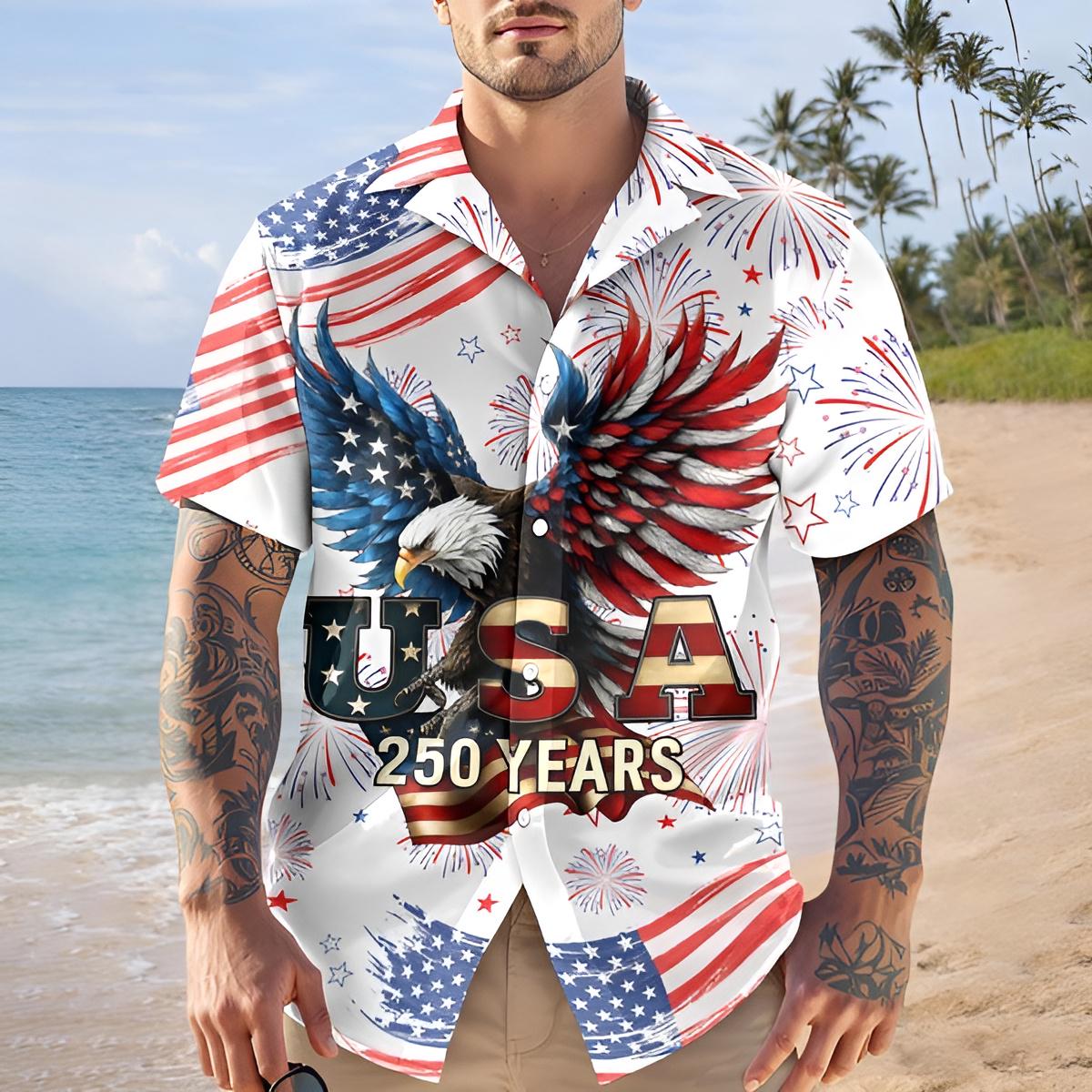 American Eagle Patriotic Hawaiian Shirt USA Flag Fireworks USA 250 Years Button Up