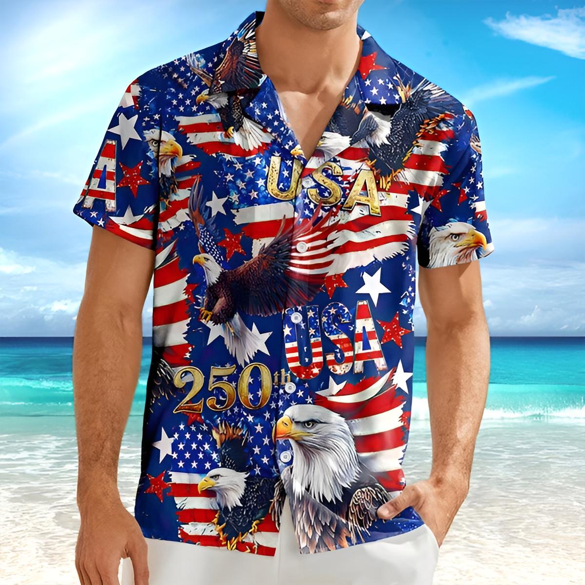 American Eagle Patriotic Hawaiian Shirt USA Flag USA 250 Button Up