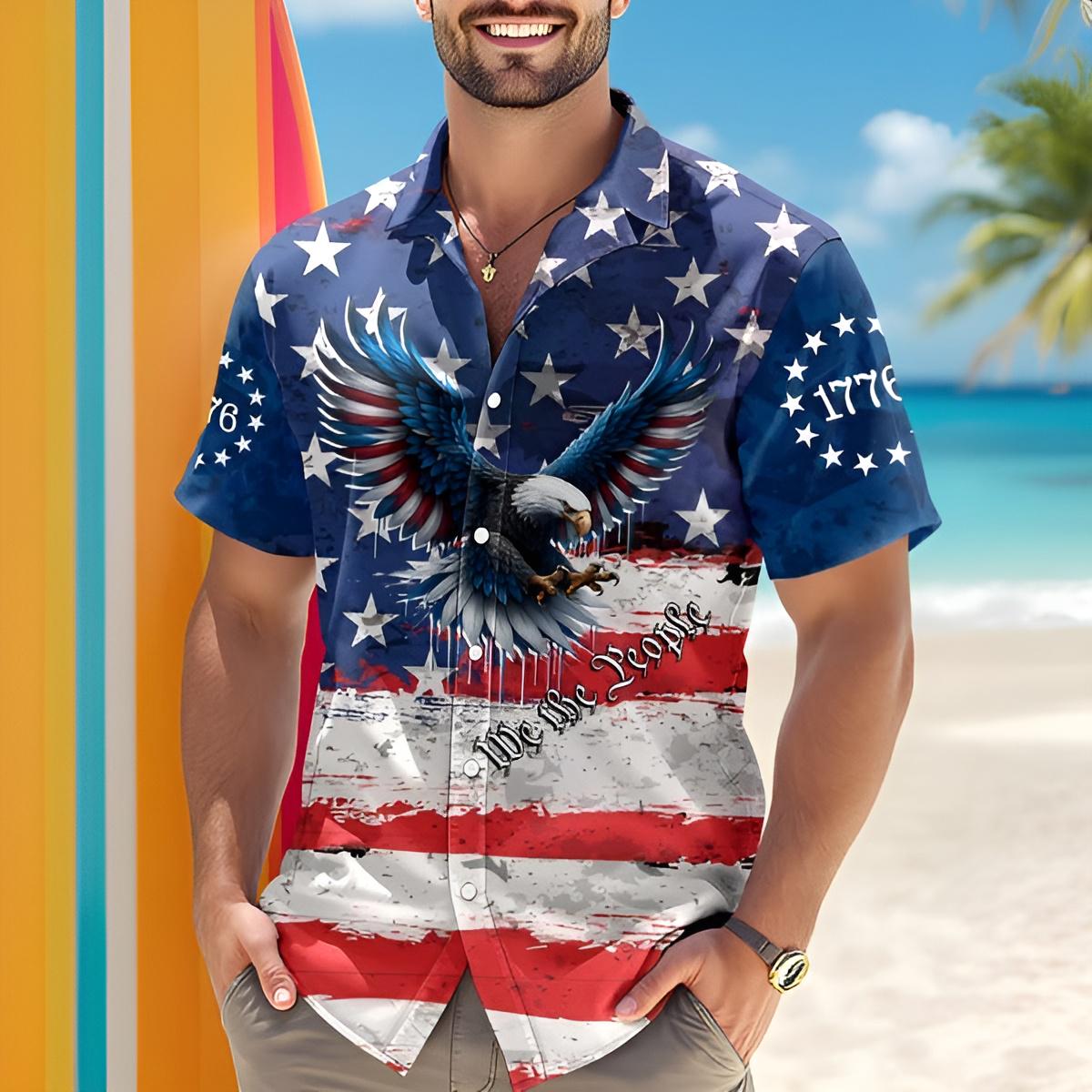 American Eagle We The People 1776 Patriotic Hawaiian Shirt USA Flag Independence Day Button Up