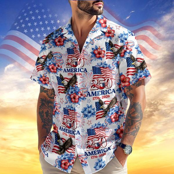 Alternative view of Patriotic Hawaiian Shirt America 250 USA Flag Eagle 1776 2026 Button Up