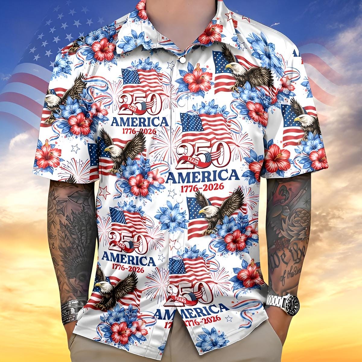 Patriotic Hawaiian Shirt America 250 USA Flag Eagle 1776 2026 Button Up