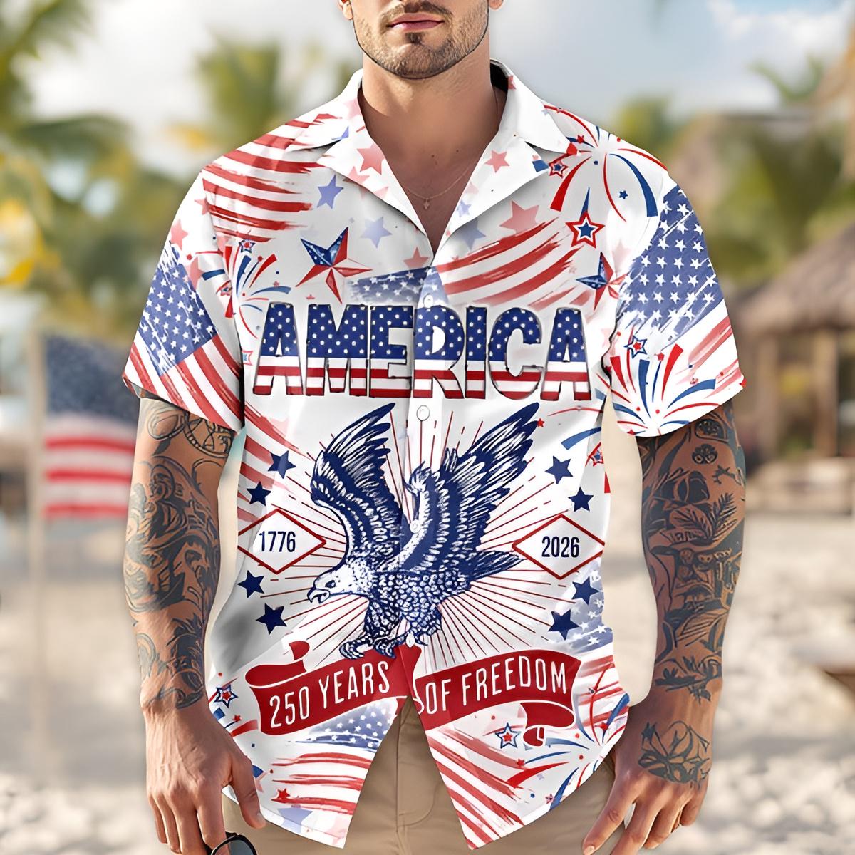 Patriotic Hawaiian Shirt America 250 Years of Freedom 1776 2026 American Eagle