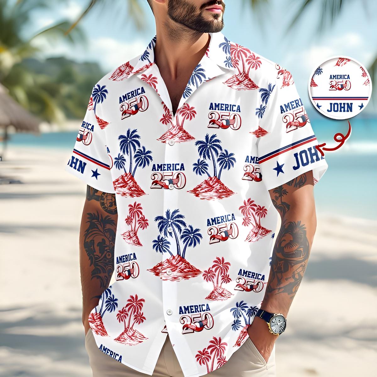 Personalized America 250 Hawaiian Shirt Custom Name Patriotic Tropical Button Up