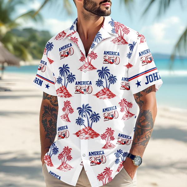 Alternative view of Personalized America 250 Hawaiian Shirt Custom Name Patriotic Tropical Button Up