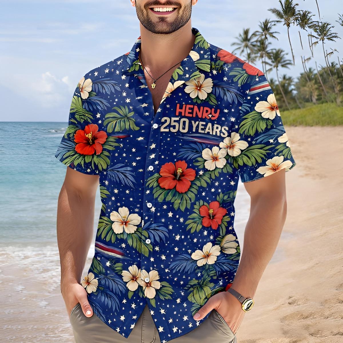 Personalized USA 250 Years Tropical Hawaiian Shirt Custom Name Patriotic Floral Button Up