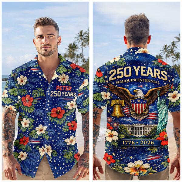 Alternative view of Personalized USA 250 Years Tropical Hawaiian Shirt Custom Name Patriotic Floral Button Up