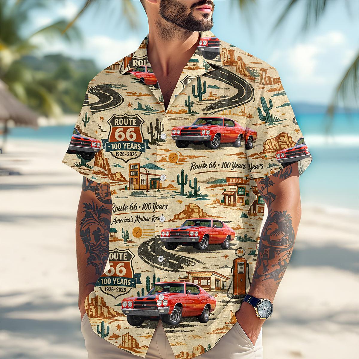 Route 66 100 Years Hawaiian Shirt Vintage Car Retro Road Trip Button Up