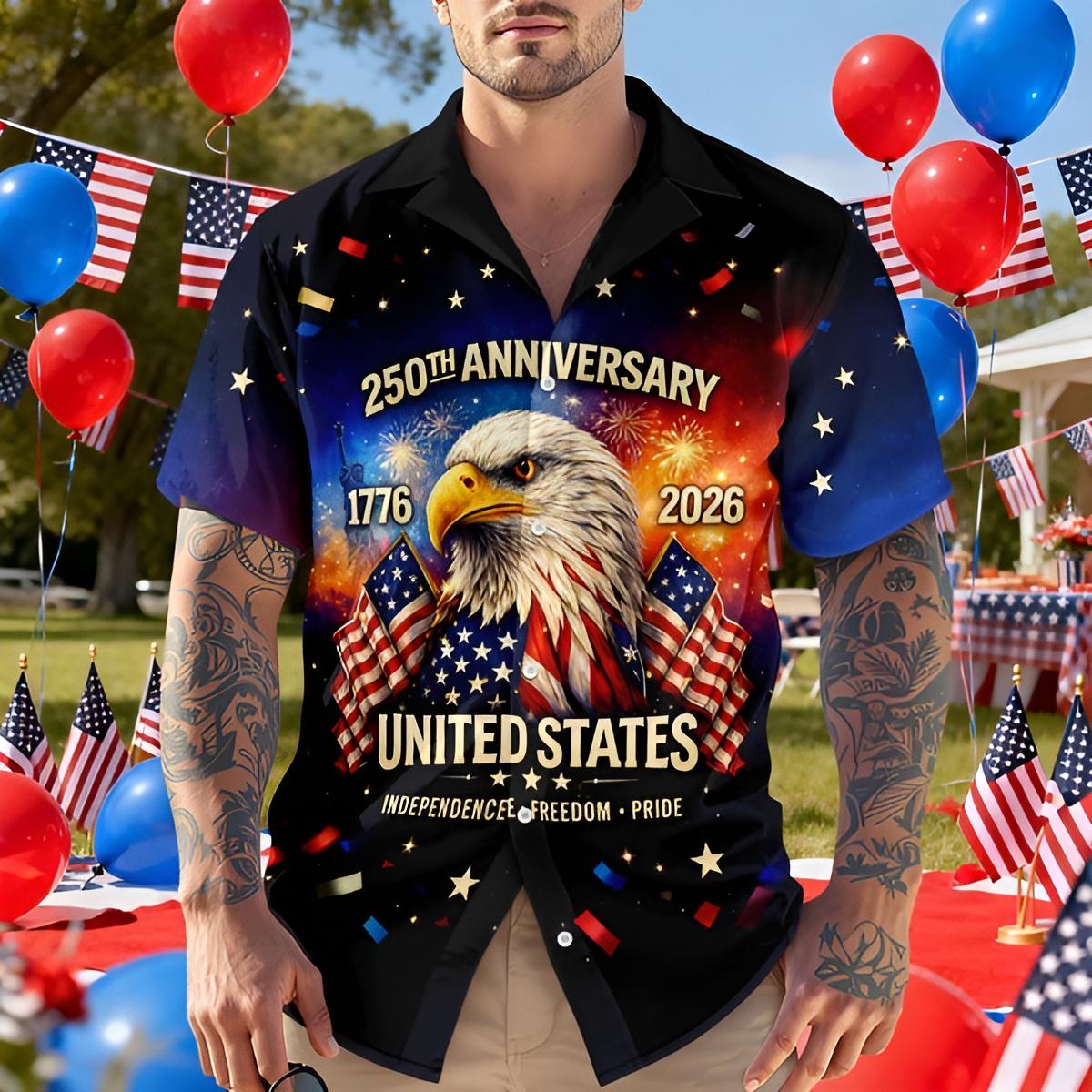 United States 250th Anniversary Patriotic Hawaiian Shirt 1776 2026 American Eagle Button Up