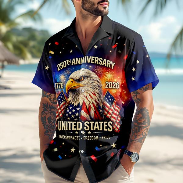 Alternative view of United States 250th Anniversary Patriotic Hawaiian Shirt 1776 2026 American Eagle Button Up