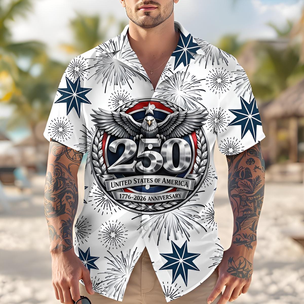 USA 250 Anniversary Patriotic Hawaiian Shirt 1776 2026 United States Button Up