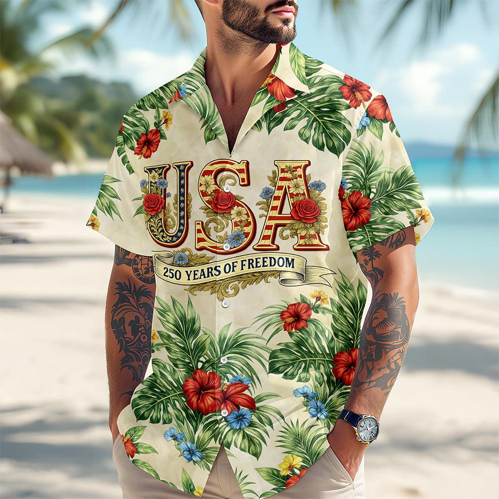 Alternative view of USA 250 Years of Freedom Floral Hawaiian Shirt Patriotic Tropical Button Up